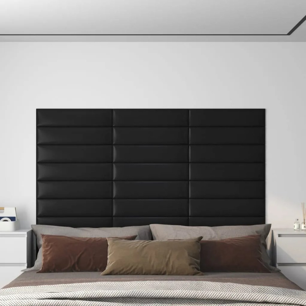 vidaXL Painel parede 12pcs 60x15 cm couro artificial 1,08 m² cor preto