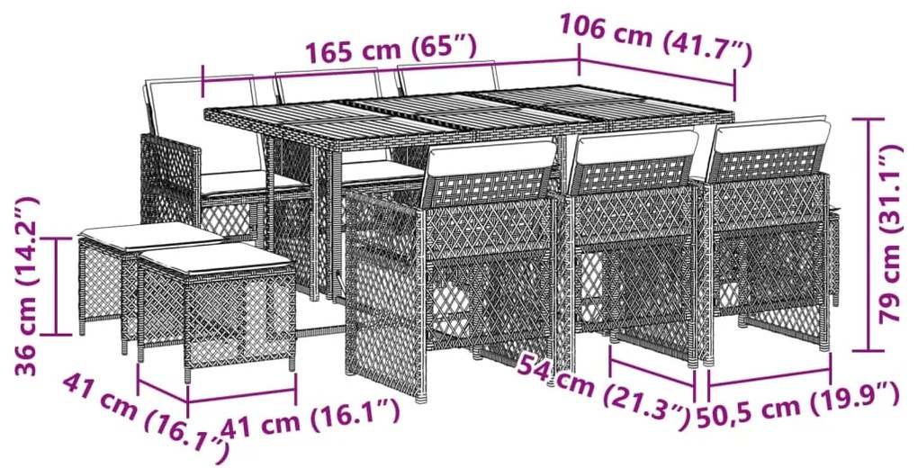 11 pcs conjunto de jantar p/ jardim c/ almofadões vime PE preto