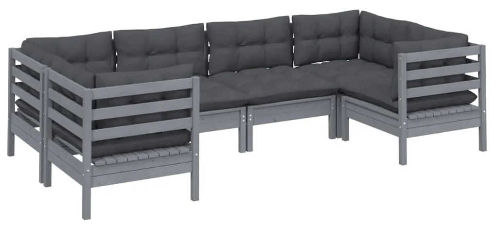 6 pcs conjunto lounge de jardim c/ almofadões pinho cinza