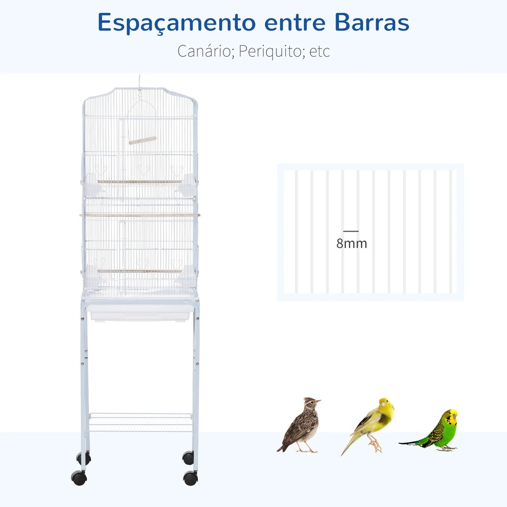 Gaiola para Passáros com Suporte Gaiola Metálica de Aves Canários com 4 Rodas Portas 4 Comedouros 3 Poleiros Bandeja Removível e Prateleira Inferior 4