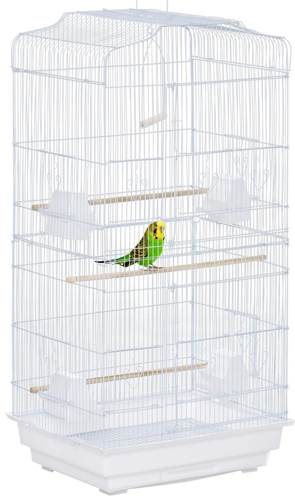 PawHut Gaiola para Passáros Gaiola de Metal com Portas 4 Comedouros 3 Poleiros Baloiço Bandeja Removível e Alça de Transporte para Papagaio Canário Periquito 46,5x35,5x92cm Branco
