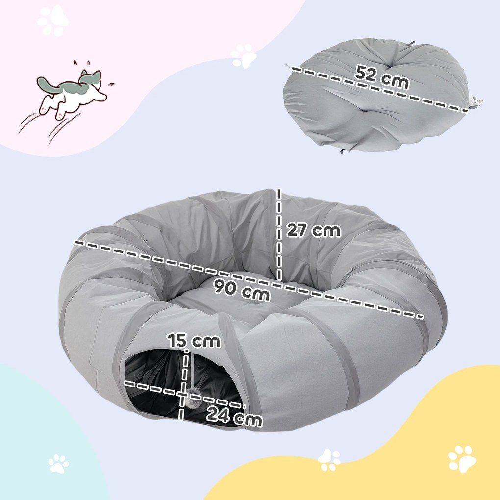 Túnel redondo para gatos de interior com cama e almofada, dobrável, com orifícios para bolas e mirilhão, Ø 90 x 27 cm, cinzento