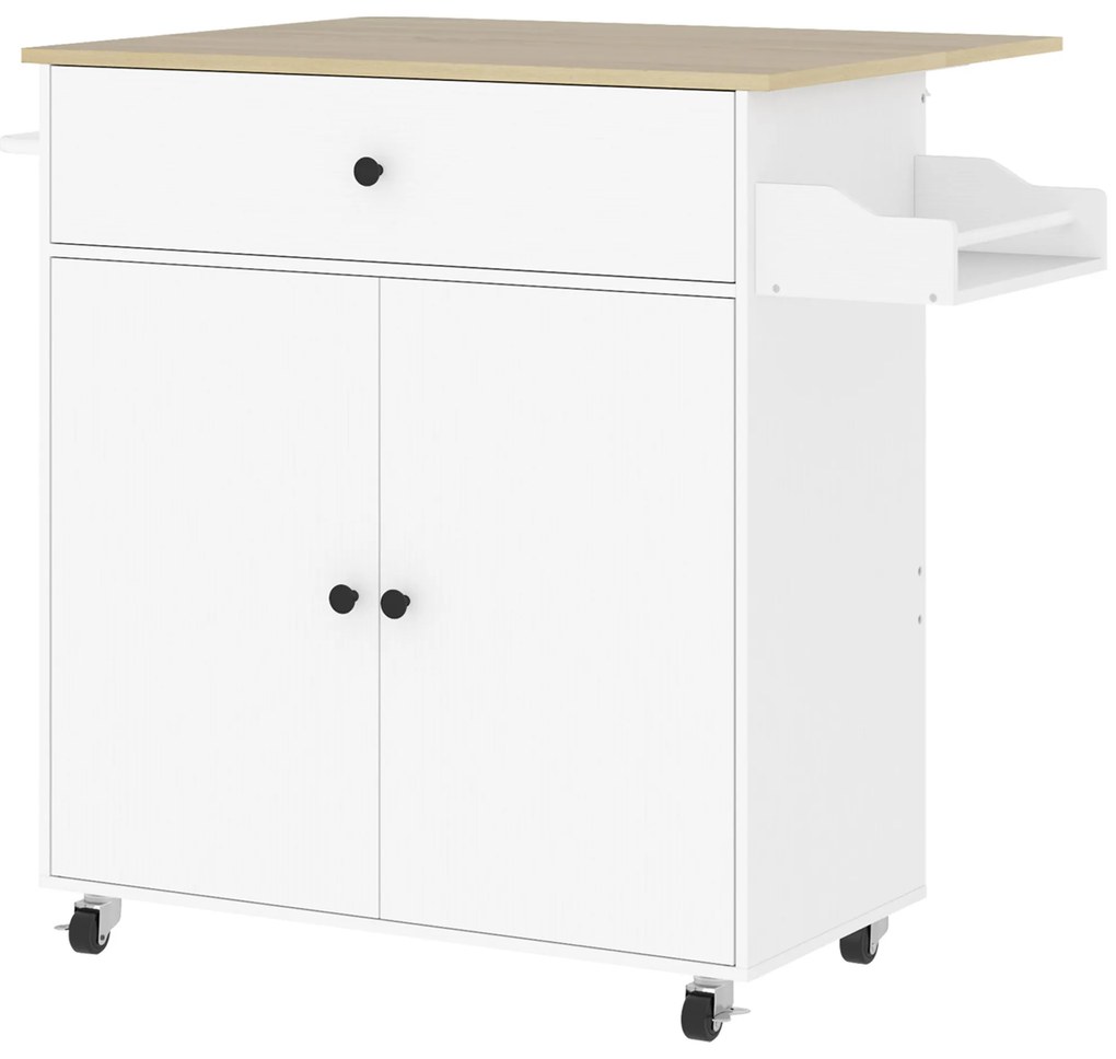 HOMCOM Ilha de Cozinha com Rodas com Lateral Dobrável Gaveta Suporte para Temperos e Prateleira Ajustável 106x42x87 cm Branco e Carvalho | Aosom Portugal
