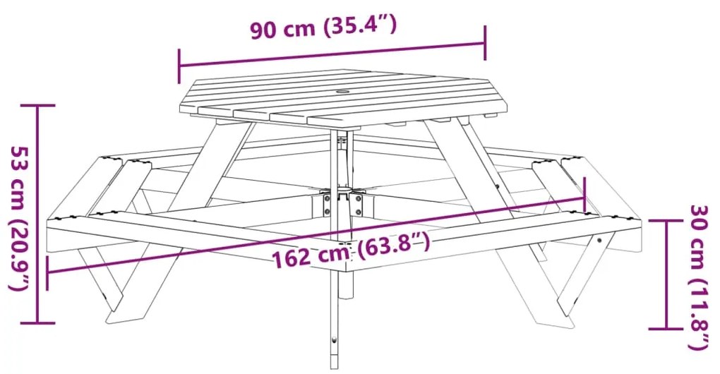 Mesa piquenique hexagonal p/ 6 crianças c/ bancos abeto maciço