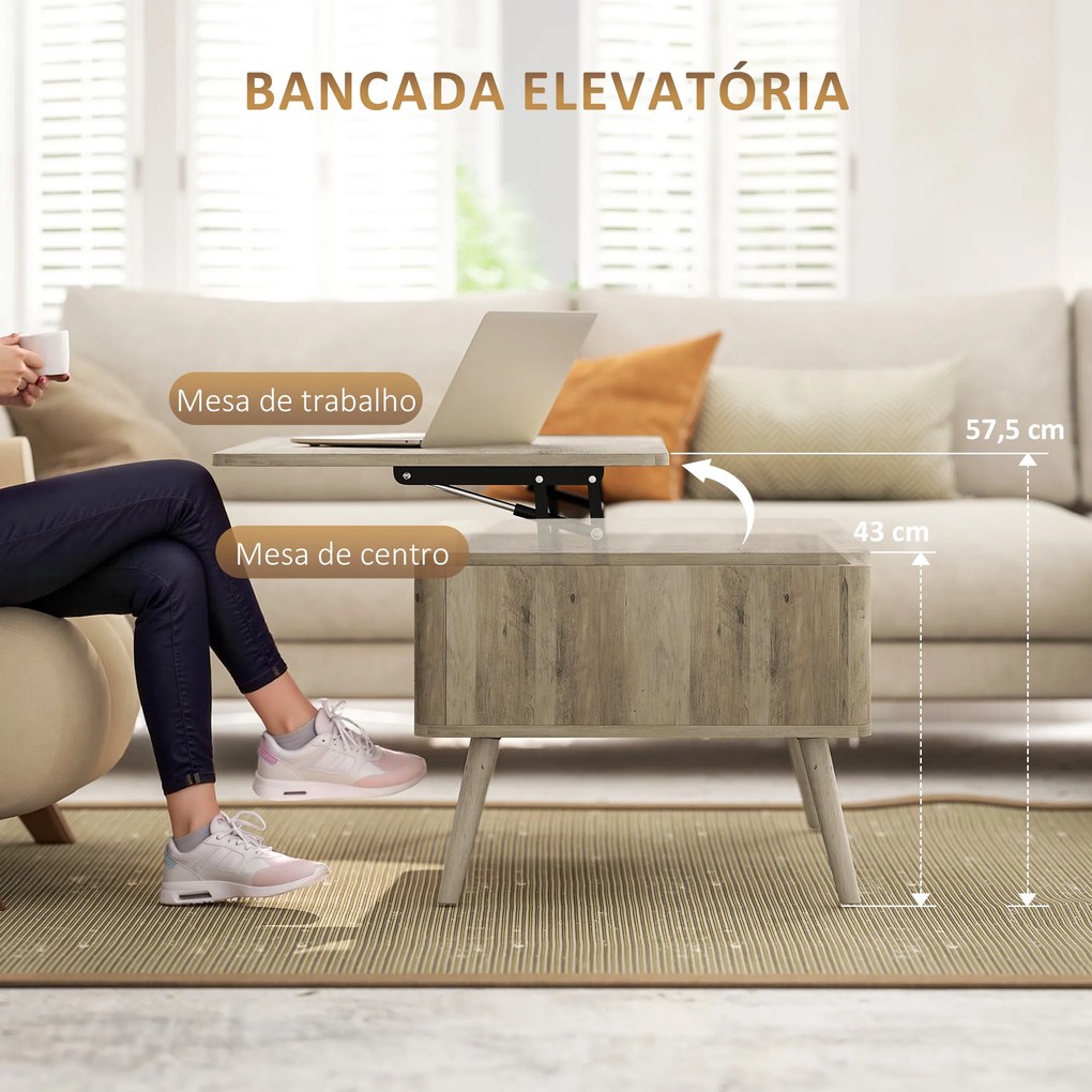 Mesa de Centro Elevatória com Compartimentos Ocultos de Armazenamento e Pés de Pinho 91x56x43 cm cor Carvalho