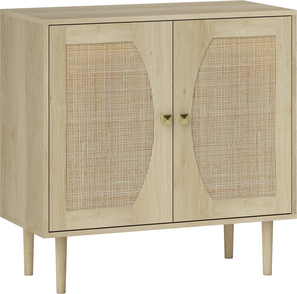 HOMCOM Aparador para Sala Móvel de Arrumação Portas Duplas com 2 Níveis Frente em Cannage 80x38x79 cm Efeito Madeira Natural | Aosom Portugal