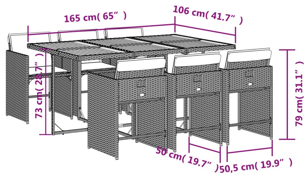 7 pcs conjunto de jantar p/ jardim c/ almofadões vime PE preto