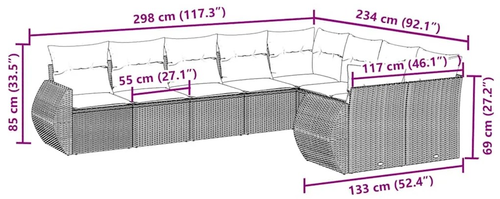 9 pcs conjunto de sofás p/ jardim c/ almofadões vime PE preto