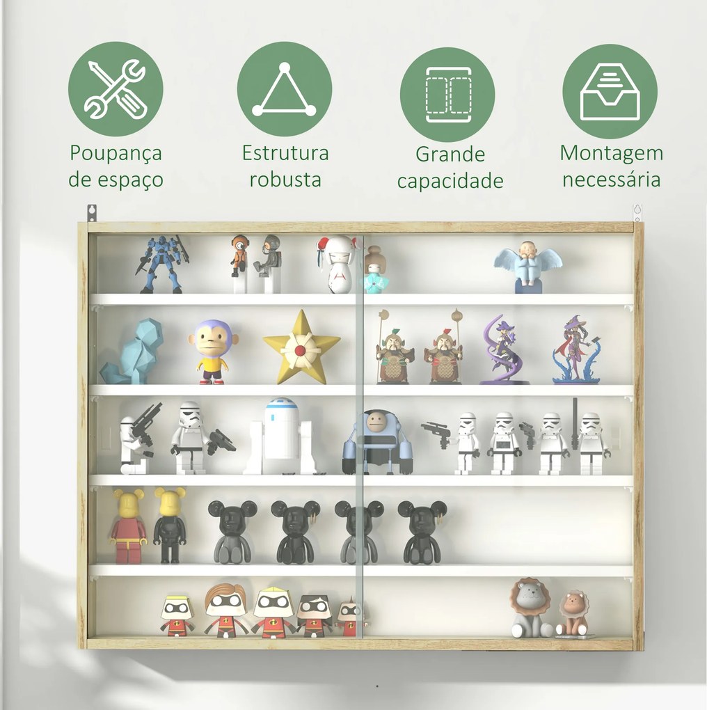 Vitrine de Parede de Madeira com Prateleiras Ajustáveis e 2 Portas Corredeiras de Vidro para Coleções Perfumes 80x9,5x60cm Madeira e Branco
