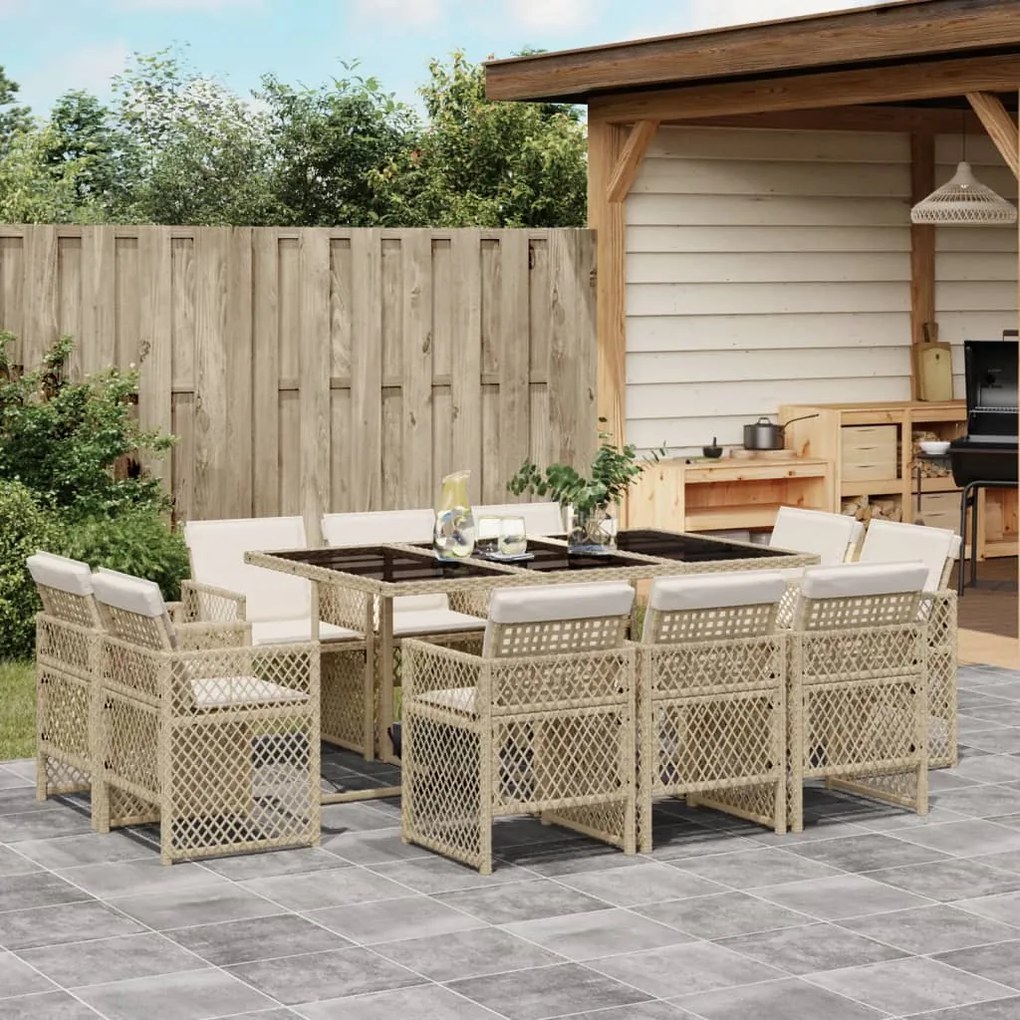 11 pcs conjunto de jantar p/ jardim com almofadões vime PE bege