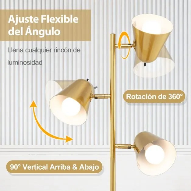 Candeeiro de pé em forma de árvore com 3 lâmpadas e abajures ajustáveis Mastro de metal e base pesada Dourado