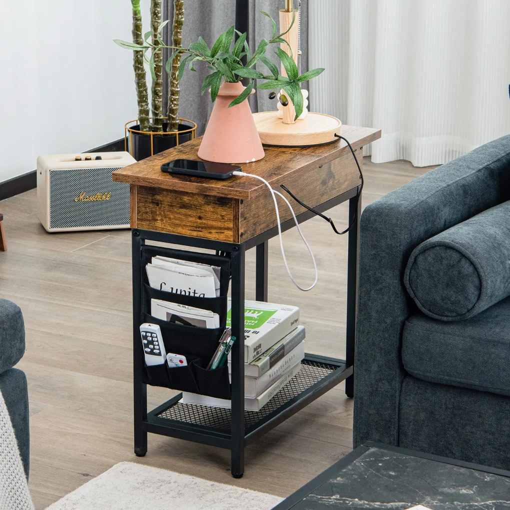 Mesa Lateral com Estação de Carregamento USB e 2 Tomadas Prateleira com Compartimento Flip Top Estreita para Sala de Estar Quarto 60 x 30 x 58,5 cm Ca