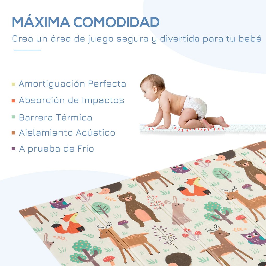 HOMCOM Tapete Infantil Dobrável e Reversível Tapete De Jogos para Bebé Acolchoado 2 Faces Impermeável Antiderrapante Portátil 200x150cm Multicor