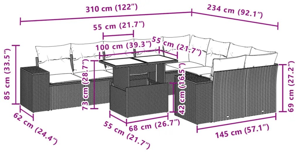 10 pcs conj. sofás jardim com almofadões vime PE cinzento-claro