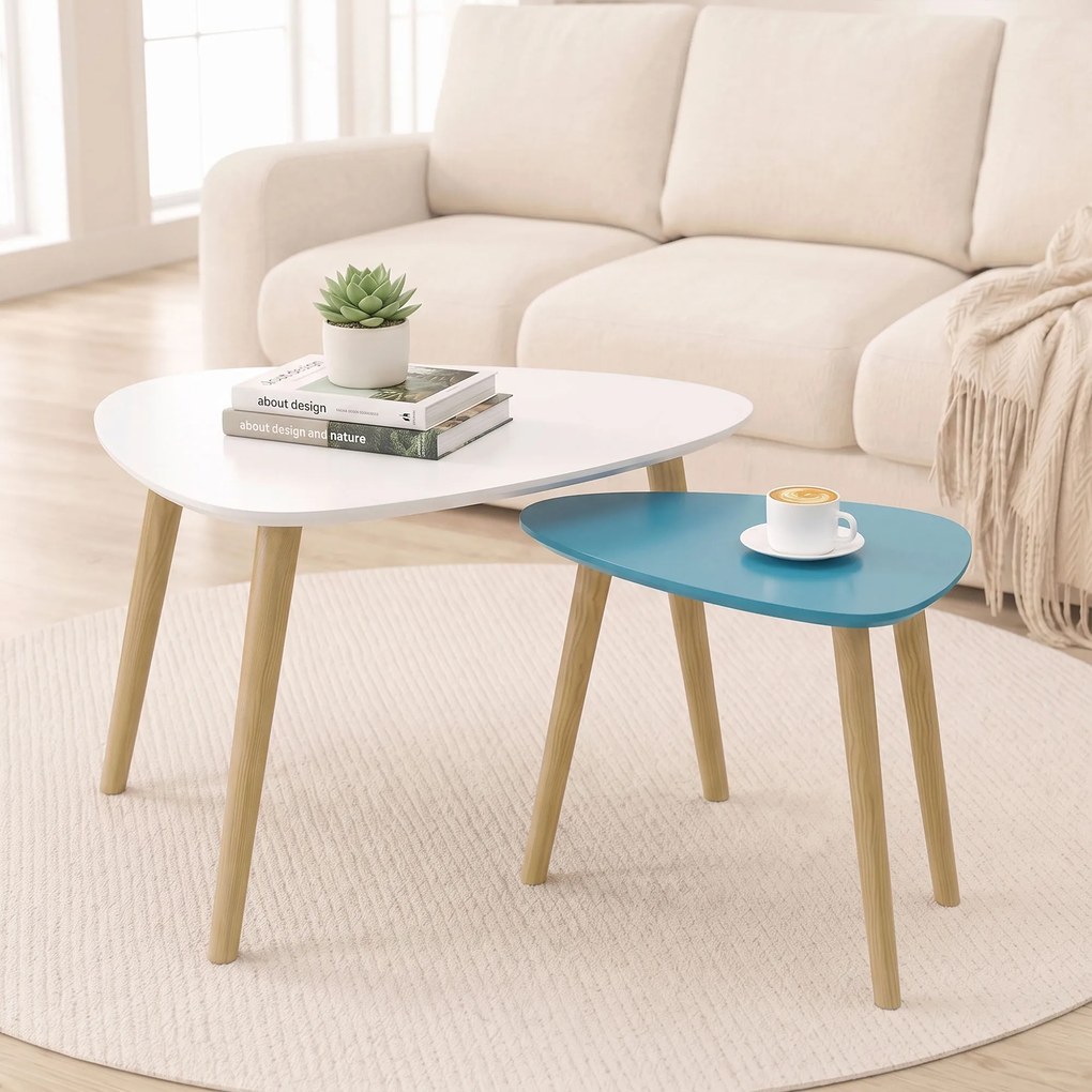 Conjunto de 2 mesas baixas encaixáveis de design escandinavo, com pés e tampo em madeira, nas cores branco e azul