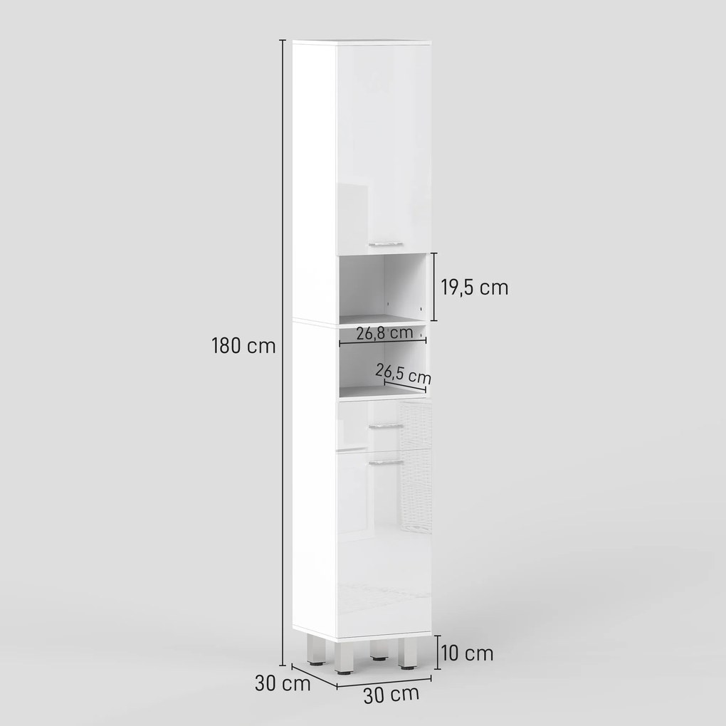 Coluna Casa de Banho Moderna com 1 Gaveta 3 Prateleiras Ajustáveis e 2 Armários Móvel Auxiliar de para Casa de Banho 30x30x180 cm Branco