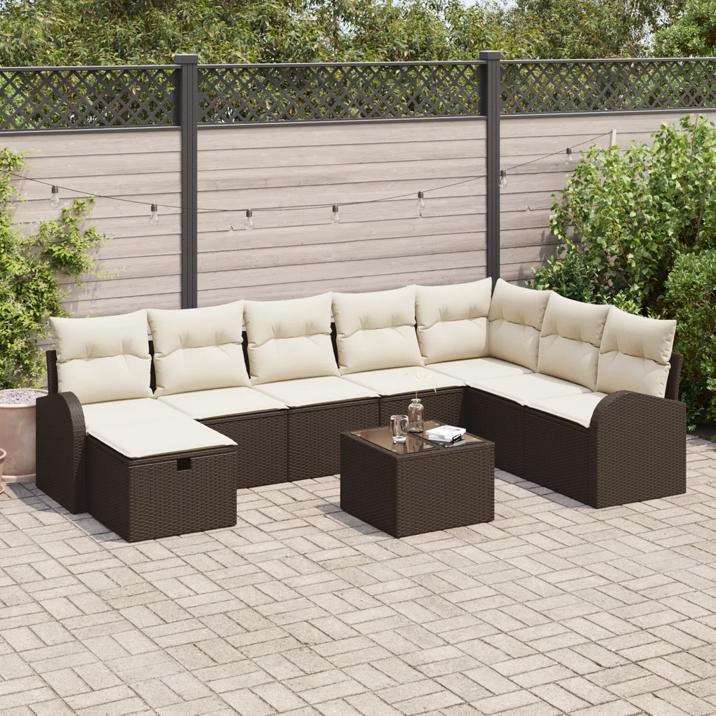 Conjunto de Sofás de Jardim de 9 Peças com Almofadas Castanho Vime Pol