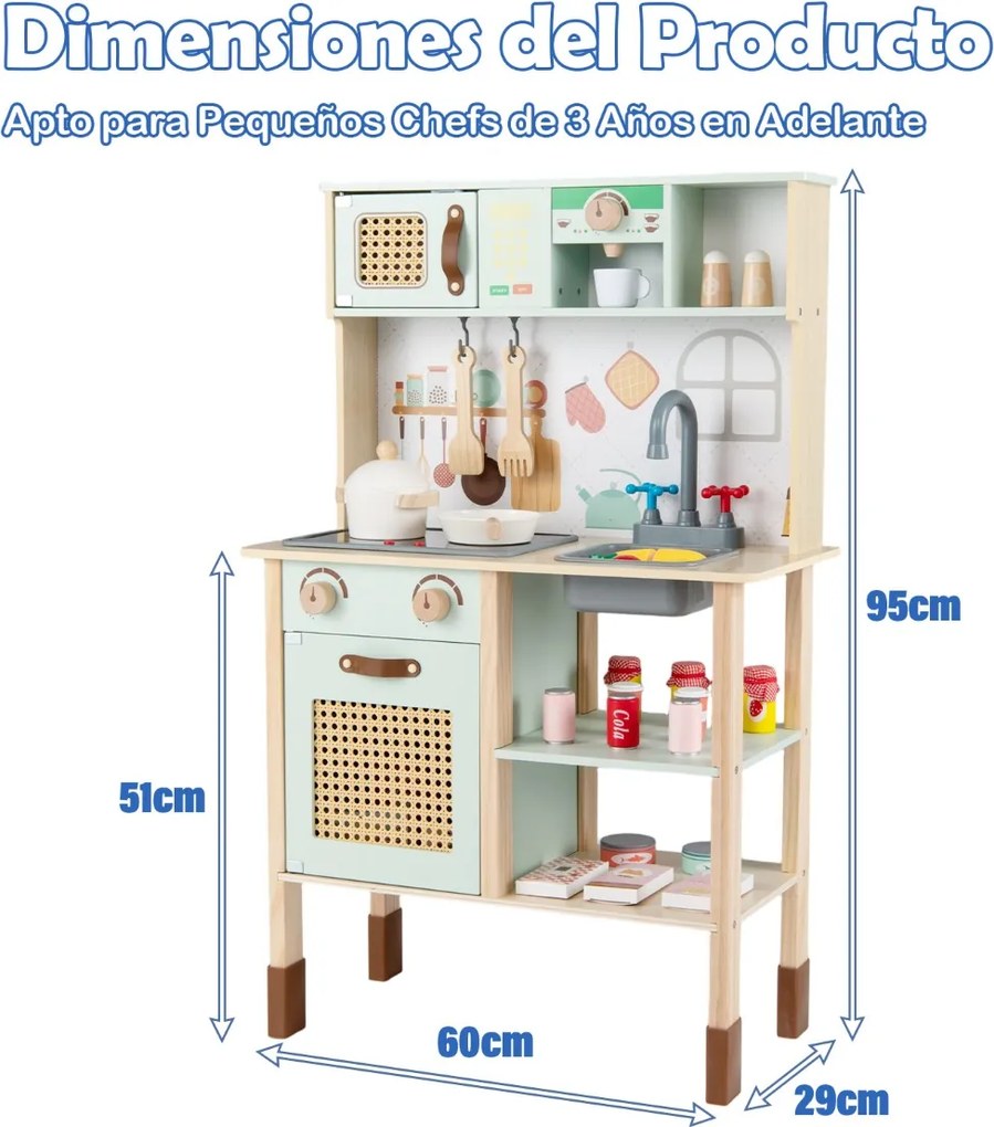 Cozinha de brincar em madeira 60 x 29 x 95 cm com luzes, sons, acessórios, forno, lava-loiça e cafeteira para crianças com mais de 3 anos, verde