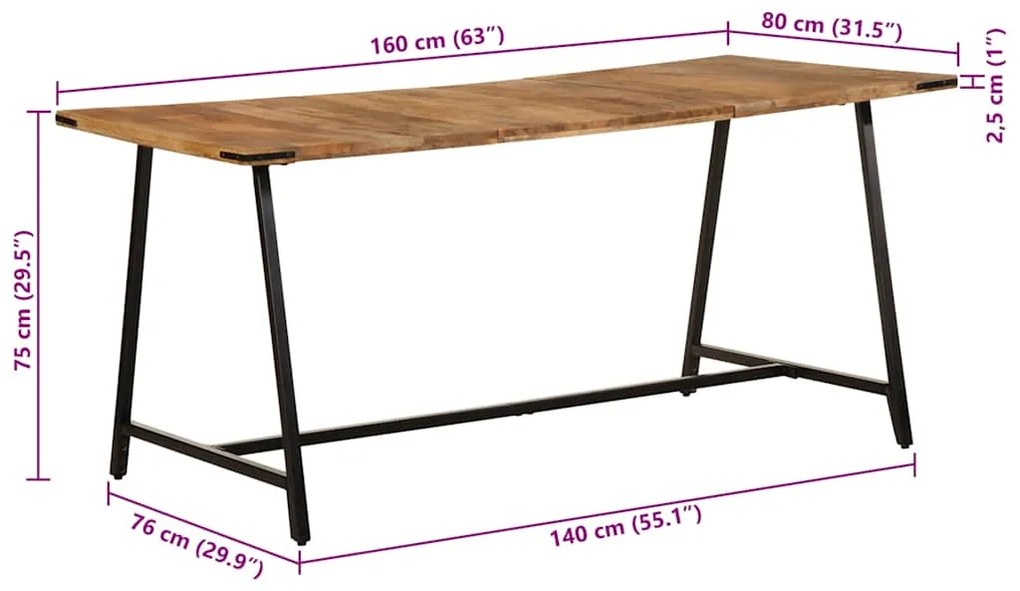 Mesa de jantar 160x80x75 cm madeira de mangueira maciça