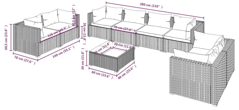 9 pcs conjunto lounge de jardim c/ almofadões vime PE preto