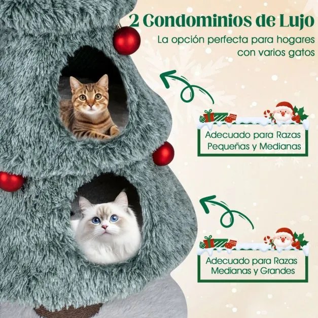 Arranhador em forma Árvore de Natal para gatos de interior 59 x 59 x 123 cm com 2 cavernas e Bolas pendentes verde
