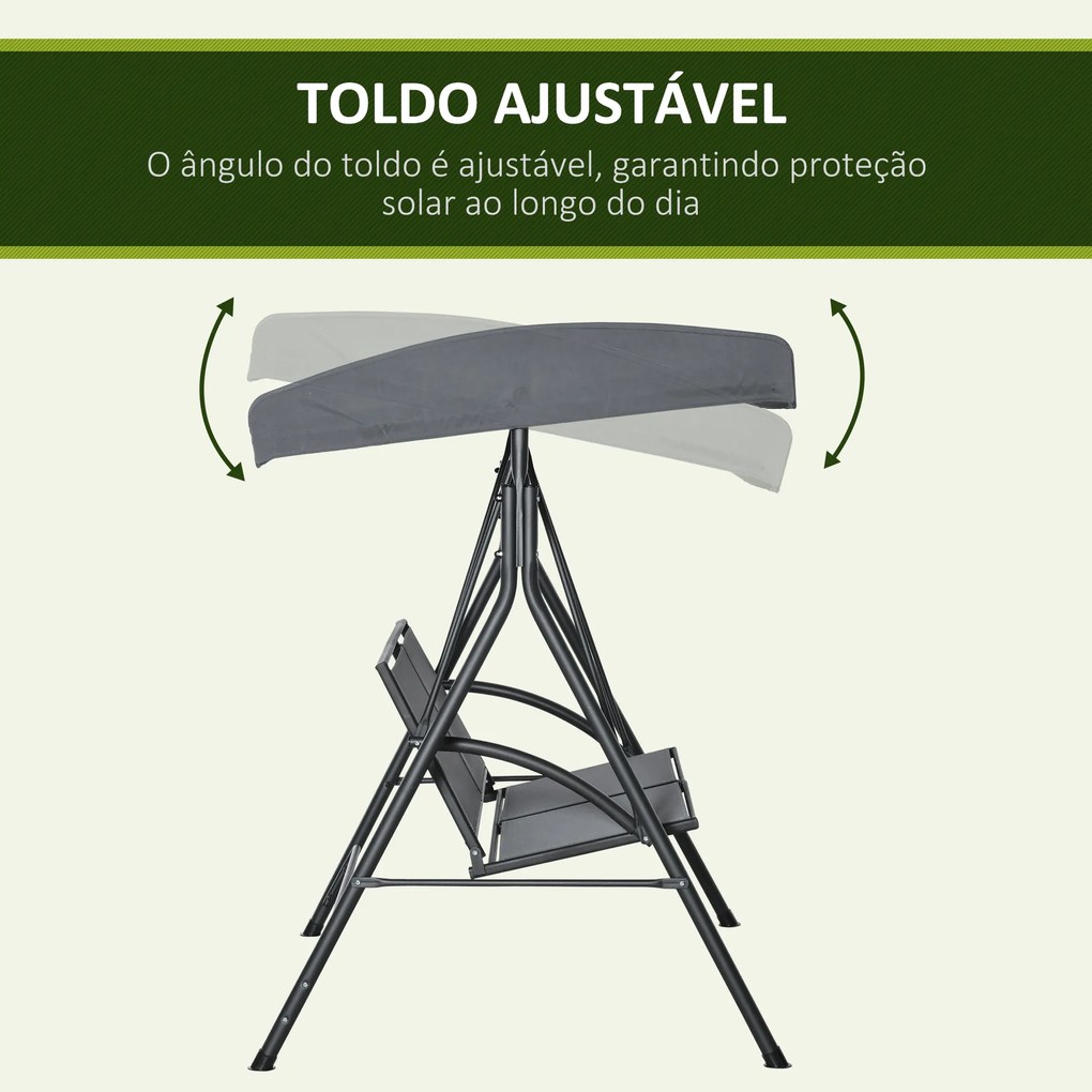 Baloiço de Jardim Exterior para 2 Pessoas Toldo Ajustável Estrutura em Aço Assentos de Textilene 140x118x162 cm Cinzento Escuro