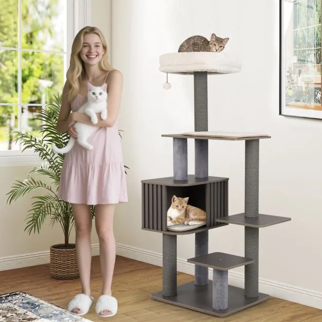 Arranhador de 151cm com caverna para gatos, postes para arranhar, bola e almofadas removíveis