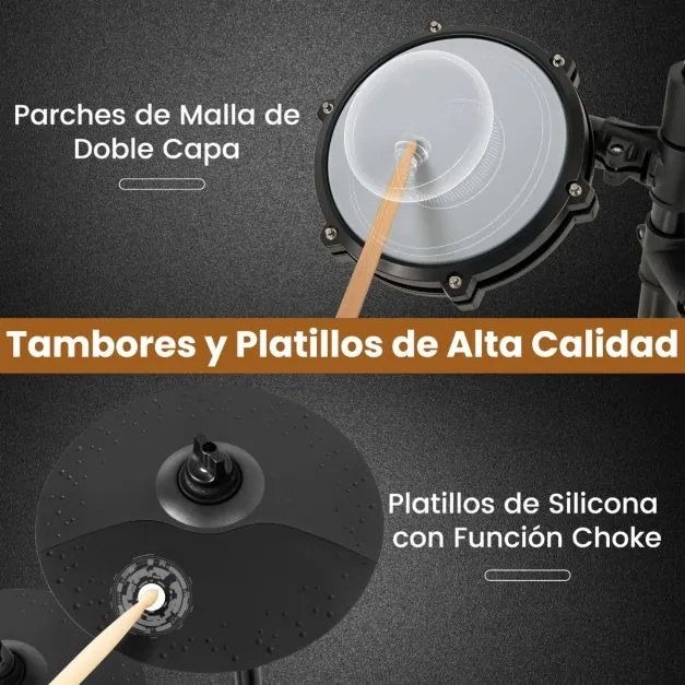 Conjunto de bateria elétrica Kit de bateria dobrável com almofadas de malha de 21 cm Pratos de 245 cm 225 sons e 30 demos Preto