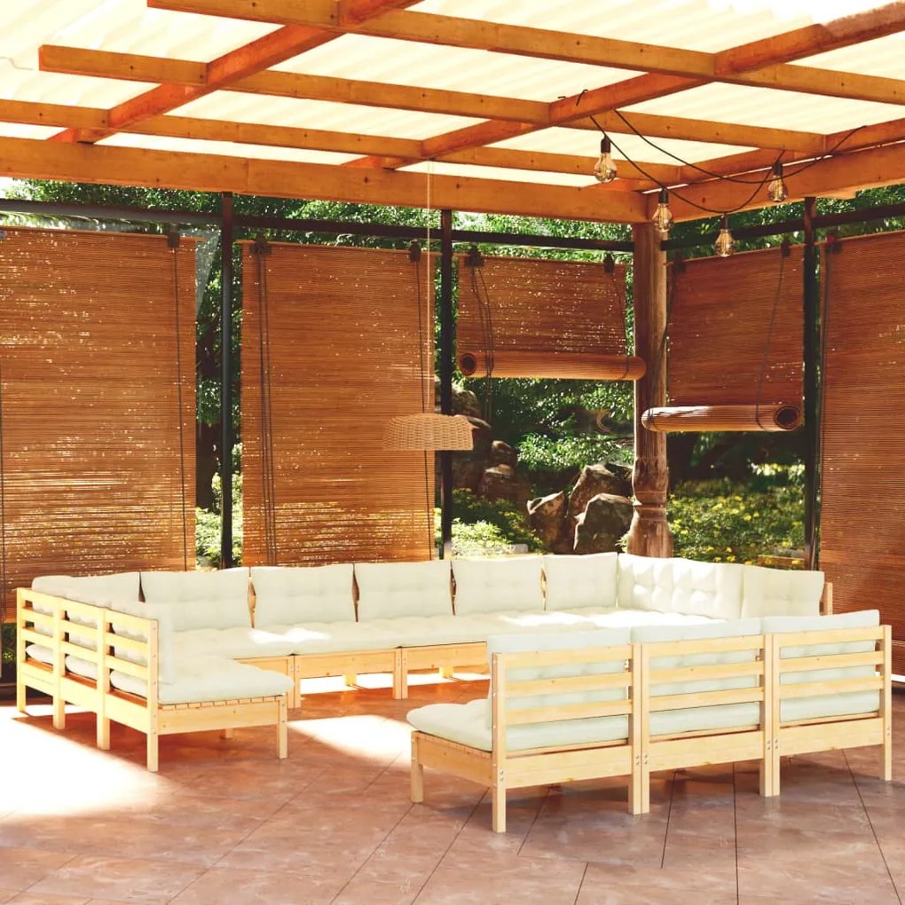 vidaXL 13 pcs conjunto lounge jardim c/ almofadões creme pinho maciço