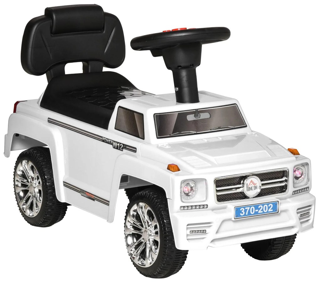 HOMCOM Carro Andador para Bebé de 18-36 Meses Carro sem Pedais com Faróis Música Buzina Compartimento de Armazenamento e Encosto Alto 68x30,5x41,5cm Branco