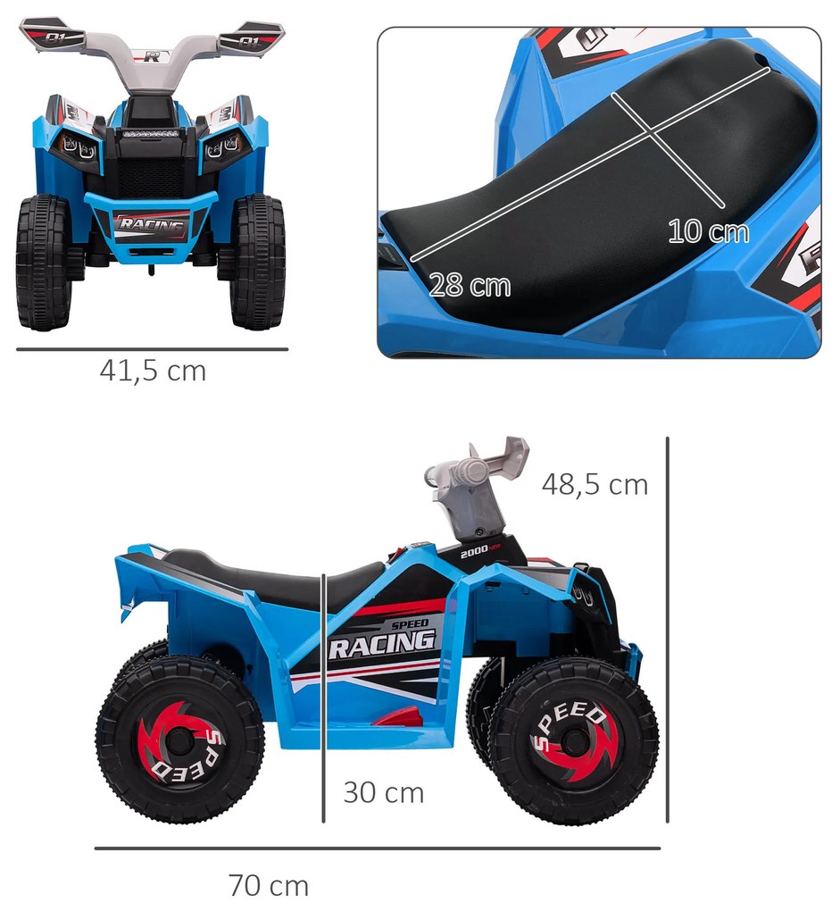 Moto 4 Elétrico para Crianças Veículo Elétrico a Bateria de 6V com Velocidade de 2,5 km/h 70x41,5x48,5 cm Azul