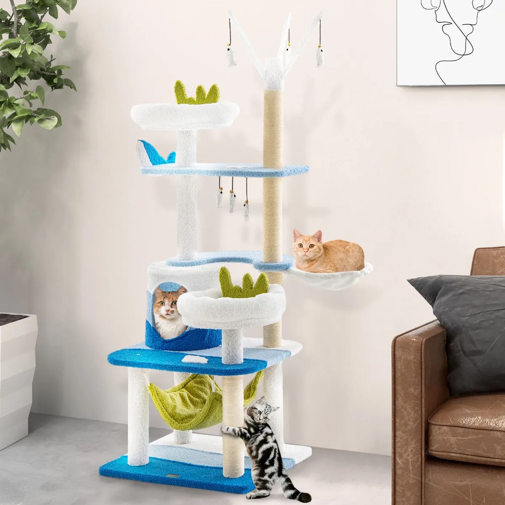 Arranhador para gatos com tema do oceano Torre para gatos de 165 cm com vários níveis e plataforma de arranhar para gatos em sisal Plataforma de arran