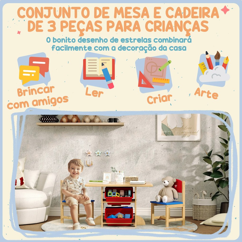 Mesa e Cadeiras para Crianças com 4 Cestos de Arrumação Conjunto de Móveis para Crianças acima de 3 Anos Madeira