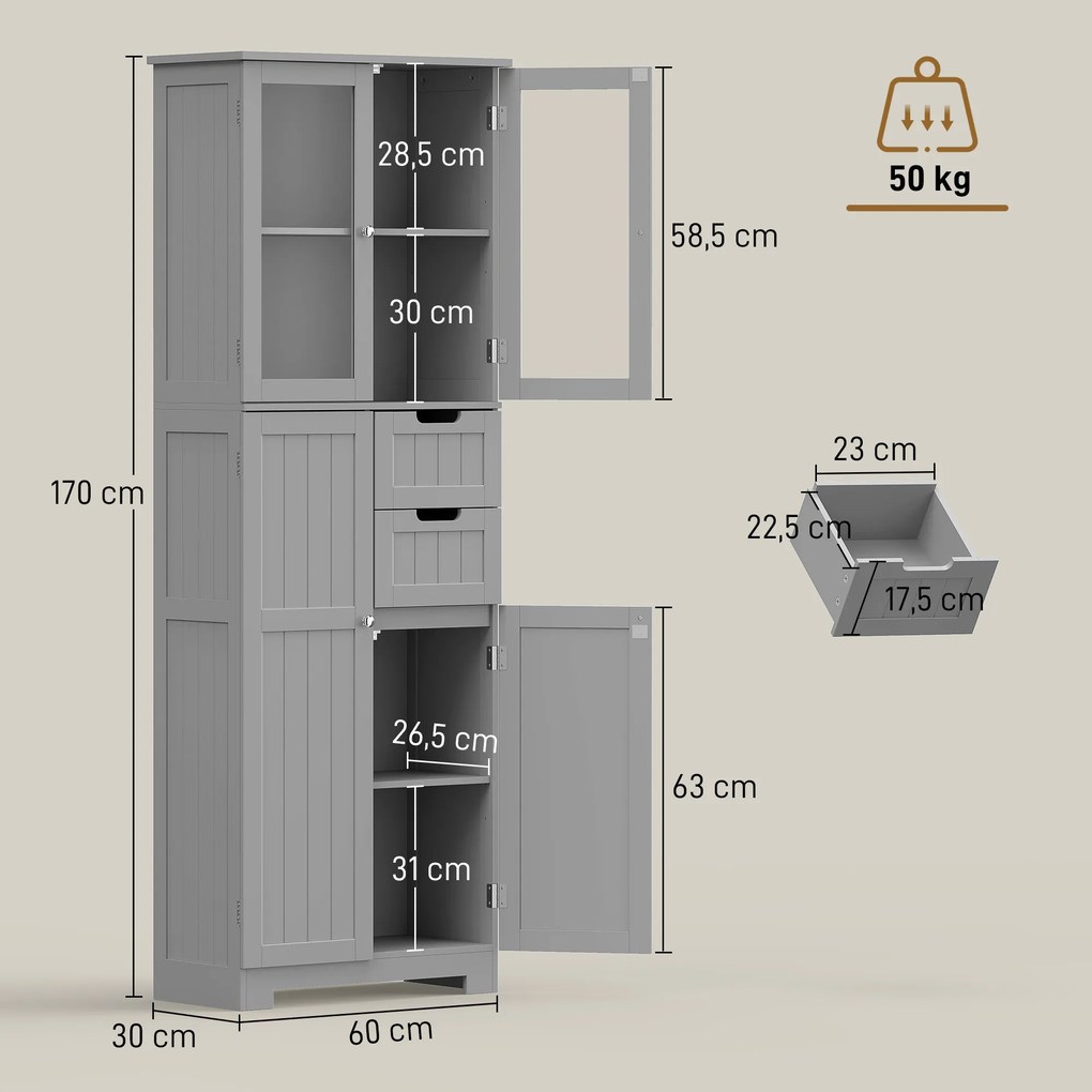 Móvel de Casa de Banho Alto, 60 x 30 x 170 cm, Prateleiras Reguláveis, Cinzento