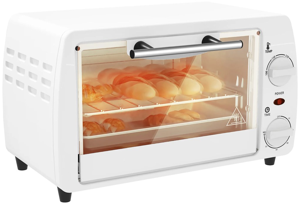 HOMCOM Mini Forno Elétrico 10 Litros 750W com Temperatura até 230 °C Temporizador 60 Minutos Bandeja e Grade 36,5x26x22 cm Branco