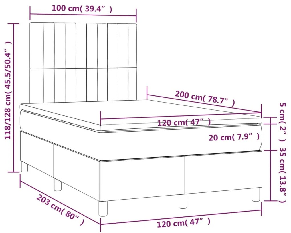 Cama box spring c/ colchão e LED 120x200 cm tecido cor creme