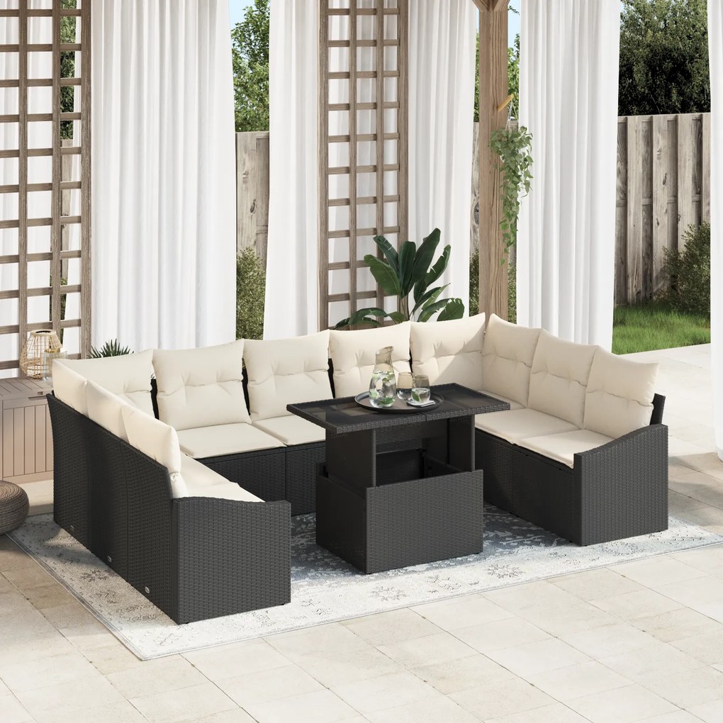 Conjunto de Sofá de Jardim com Almofadas em Rattan Preto - 10 Peças