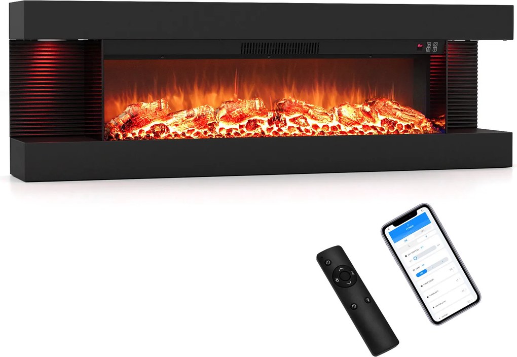 Lareira Elétrica de Parede com Vista de Três Lados, 127 x 20,6 x 41,8 cm, Controlo por Wi-Fi, Preto