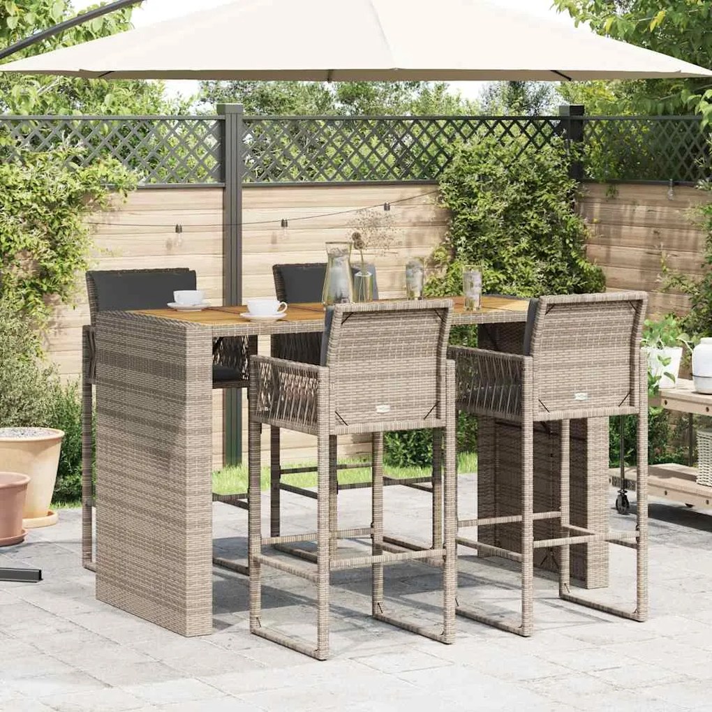 5 pcs conj. de bar jardim c/ almofadões vime PE/acácia cinzento