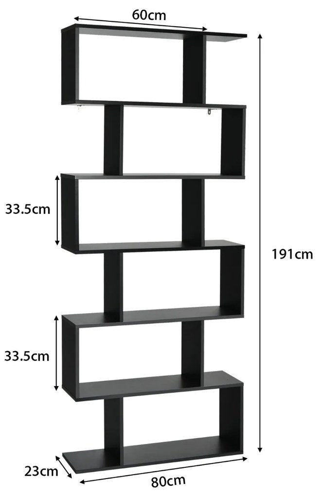 Estante de 6 níveis em S Estante de madeira com dispositivo anti-encandeamento Estante de livros para sala de estar 80 x 23 x 191 cm Preta