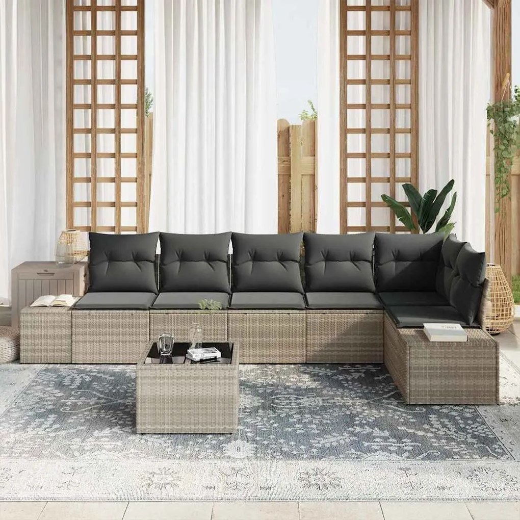Sofá de Jardim de 7 Peças com Almofadas Cinza em Rattan Sintético