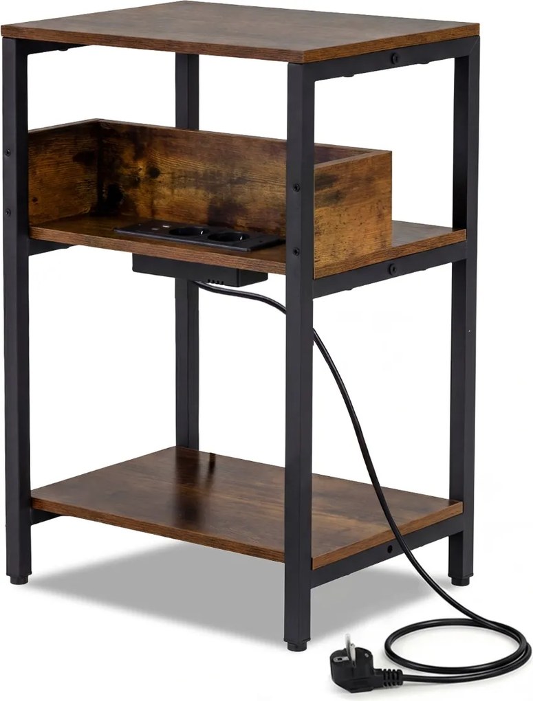 Mesa apoio de 3 níveis 40 x 30 x 61 cm com estação de carregamento USB e tomadas estilo industrial para sala e quarto Castanho Rústico e Preto