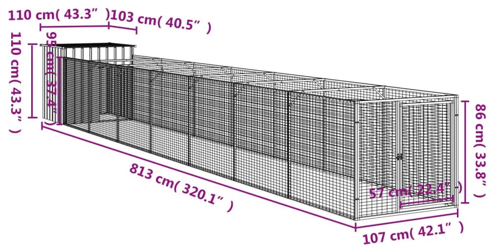 Casota cães c/ parque 110x813x110 cm aço galvaniz. cinza-claro