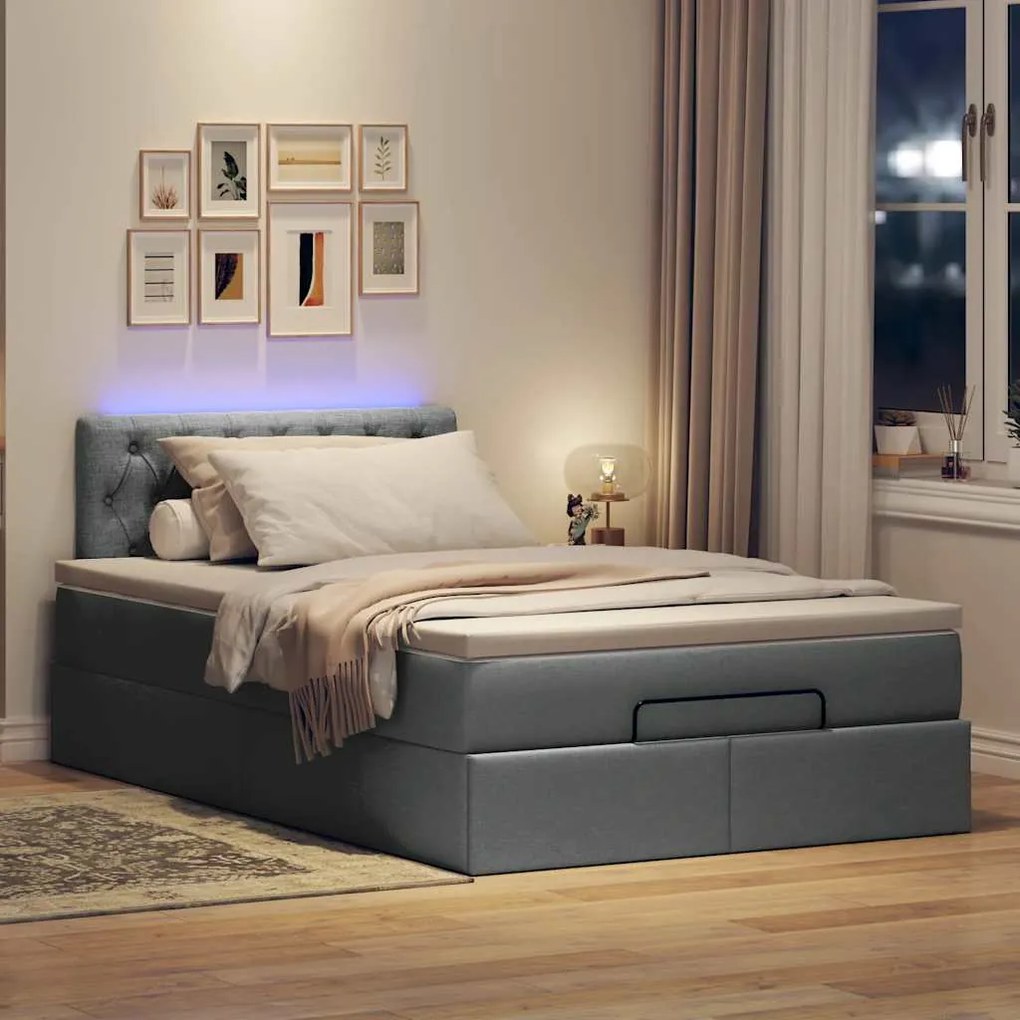 Cama otomana com colchão&LEDs 120x200 cm tecido cinzento escuro