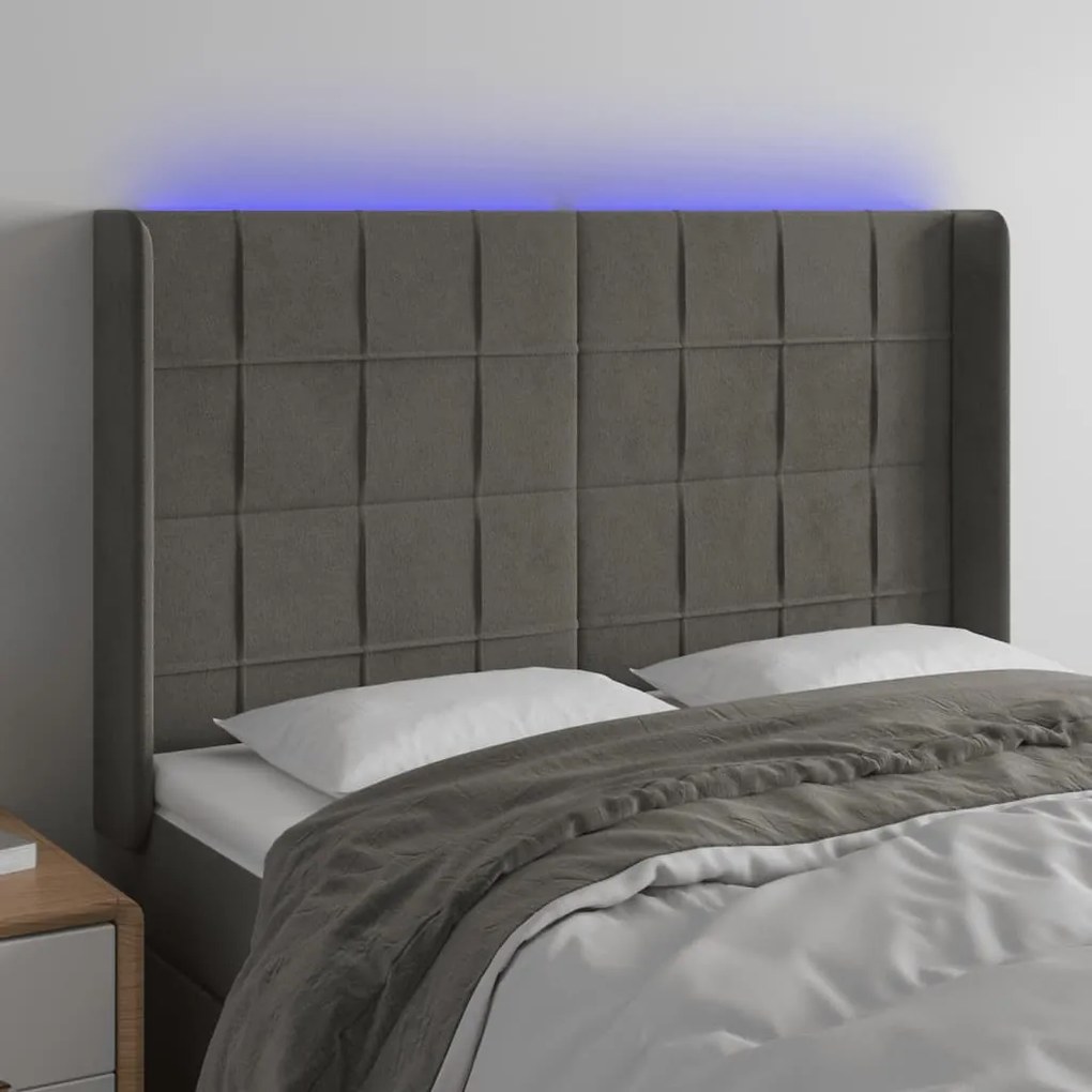 Cabeceira de cama c/ LED veludo 147x16x118/128 cm cinza-escuro