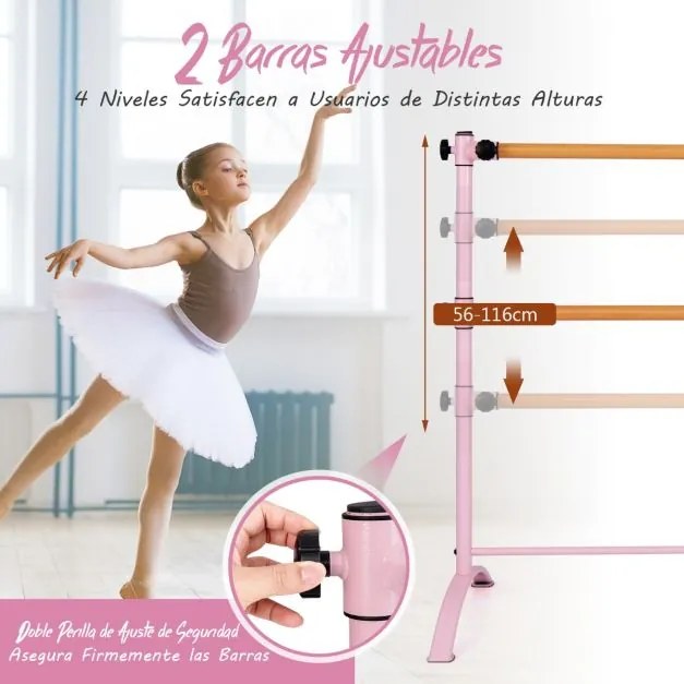 Barra de Ballet Portátil 120 cm Barra Dupla Independente Altura Ajustável 56/76/96/116 cm Barra de Fitness Adultos e Crianças Rosa