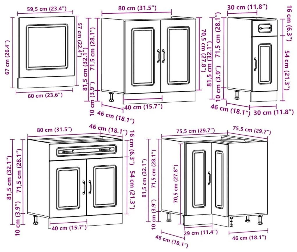 11 peças armário de cozinha conjunto Kalmar madeira velha