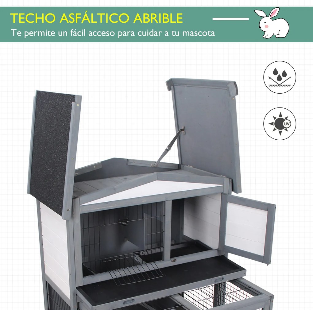 PawHut Coelheira de Exterior de Madeira de 2 Níveis Gaiola para Coelhos e Animais Pequenos com Teto Asfástico Zona Aberta Bandeja Removível e Rampa 101,5x90x100cm Cinza