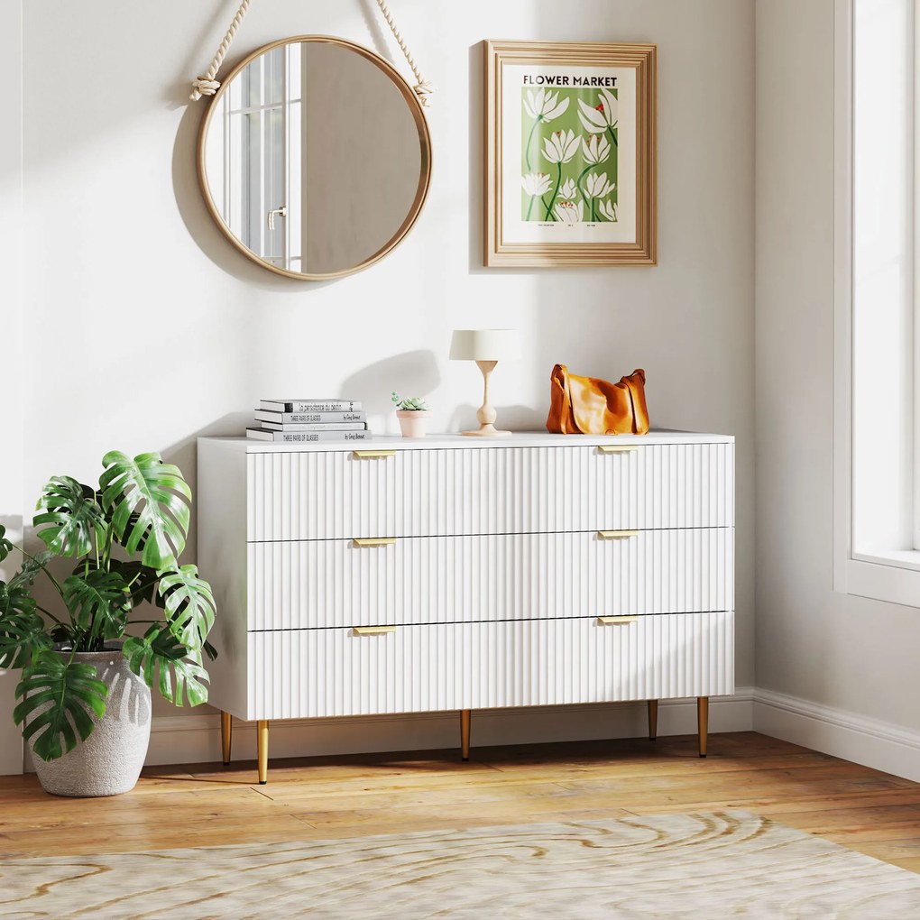 Cómoda de 6 gavetas 120 x 40 x 76,5 cm, para quarto, móvel de arrumação moderno com puxadores e pés dourados, branca