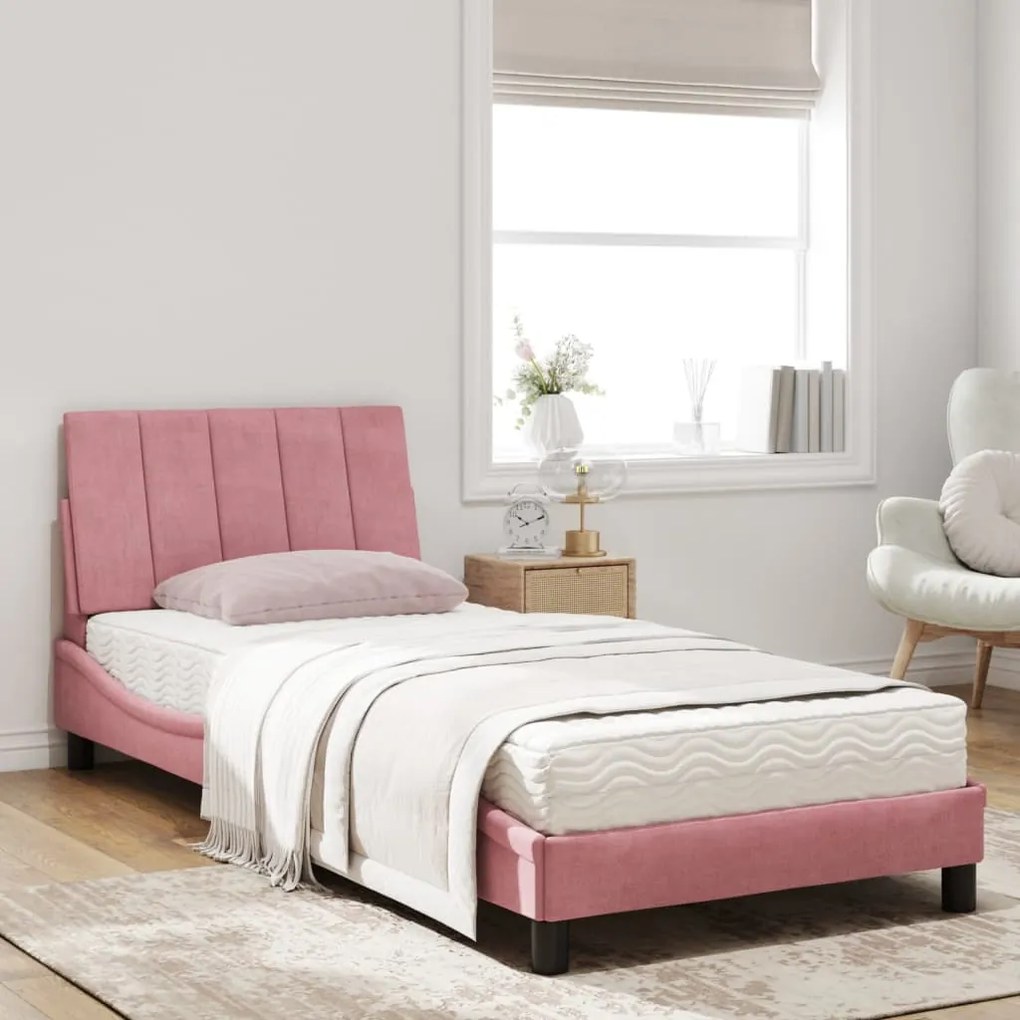 Cama com colchão 90x200 cm veludo rosa